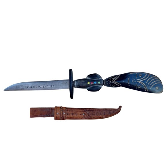 Moche Dayan Guatemalan Knife Hand Carved Horn Handle Leather Sheath Chichicasten